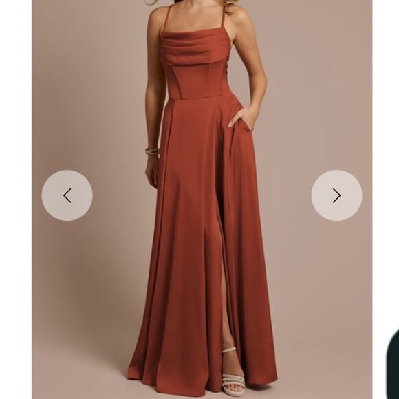 Davids Bridal Bridsemaid Dress Matte Satin Cowl Neck Womens Size 2 Cinnamon Rust - Picture 1 of 12